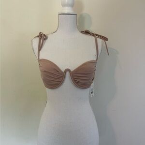 Shade & Shore  Shoulder Tie Shirred Underwire Bikini‎ Top Light Brown Sz 34C NEW